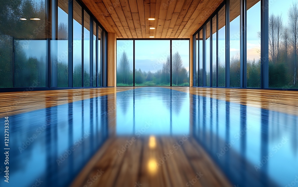 Modern indoor pool with wooden ceiling and large windows overlooking tranquil nature. Modern indoor pool with wooden ceiling and large windows overlooking tranquil nature.