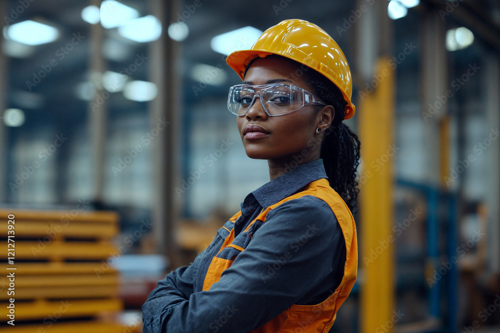 In the image, a person is wearing a yellow hard hat and safety goggles, standing in what appears to be a warehouse or industrial setting with stacks of materials and structural beams in the background