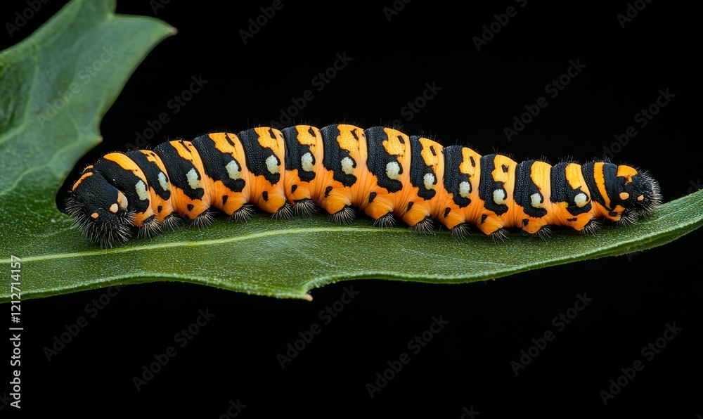 Fototapeta premium Close-up view of satyrid butterfly caterpillar on leaf