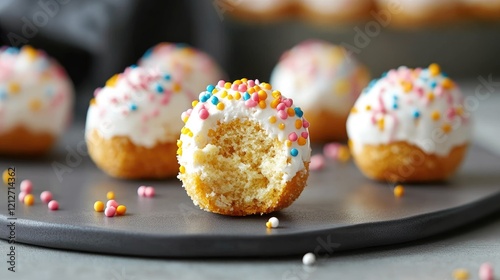 Twinkie Cake Balls with Colorful Sprinkles on Rustic Gray Background photo