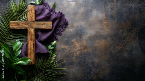 Wooden Cross, Purple Cloth, and Tropical Foliage on Dark Background
