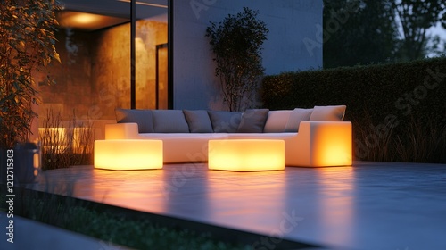 A glowing modular seating arrangement styled on a minimalist outdoor patio. picture