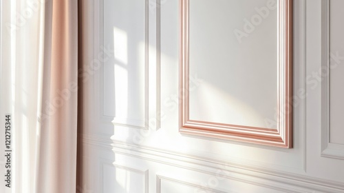 Elegant Vertical White Frame on White Wall with Subtle Rose Gold Decorative Trim and Soft Natural Lighting Effects