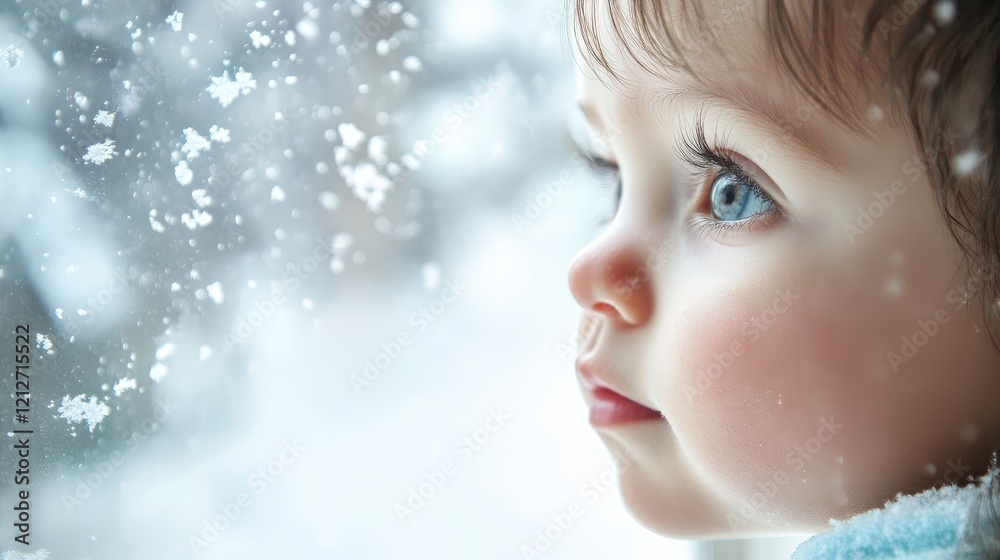 Toddler dreaming of winter fun gazing through window at falling snowflakes with enchanting blue eyes and long eyelashes Toddler dreaming of winter fun gazing through window at falling snowflakes with enchanting blue eyes and long eyelashes