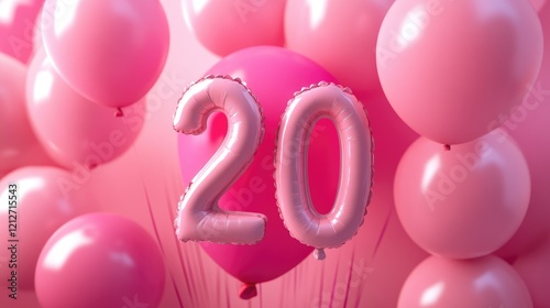 Twentieth Birthday Celebration with Number 20 Surrounded by Pink Balloons for Discount Sale Promotion photo