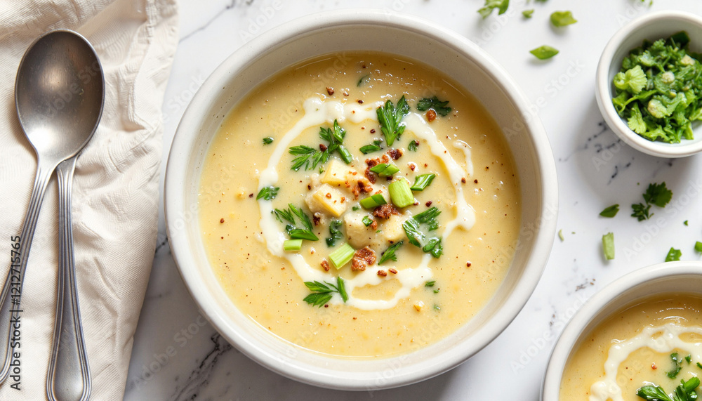 Creamy potato soup garnished with green onions, outdoor dining setup Creamy potato soup garnished with green onions, outdoor dining setup