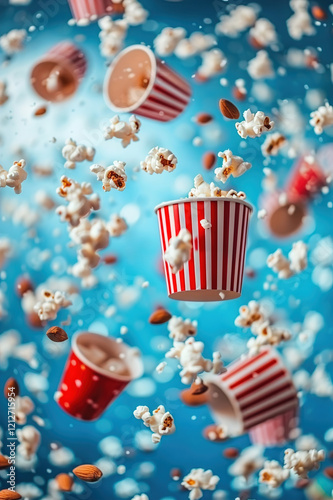 All sorts of cinema-related things floating in the air, such as popcorn, drinks and movie tickets photo