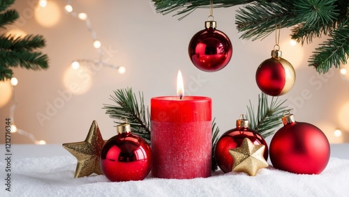 Cozy holiday candle with christmas ornaments photo