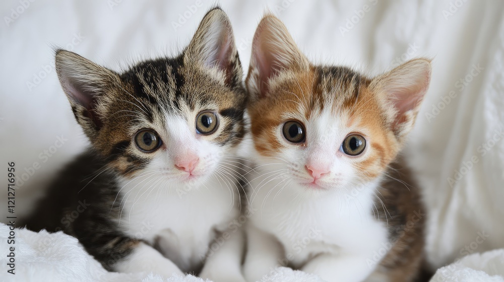 Two cute tabby and calico kittens cuddling together on a soft white surface creating a heartwarming and charming scene. Two cute tabby and calico kittens cuddling together on a soft white surface creating a heartwarming and charming scene.