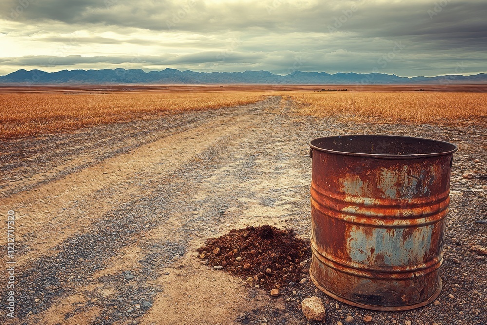 Rustic Metal Barrel on Dusty Roadside in Wide Open Landscape Under Dramatic Cloudy Sky with Distant Mountains and Fields in Autumn Light Rustic Metal Barrel on Dusty Roadside in Wide Open Landscape Under Dramatic Cloudy Sky with Distant Mountains and Fields in Autumn Light