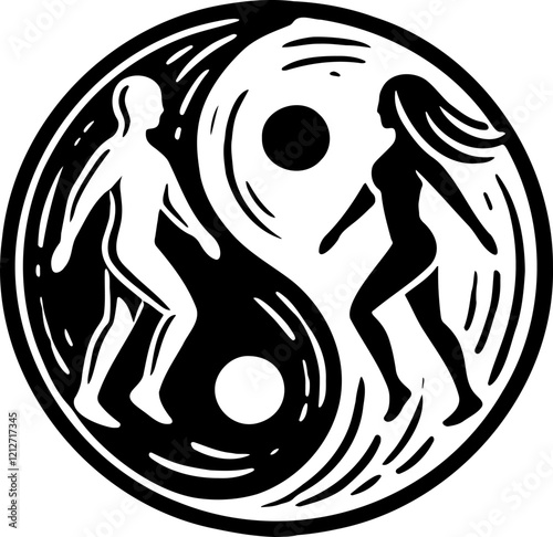 Yin Yang Symbol with Male and Female Figures in Stylized Graphic Art