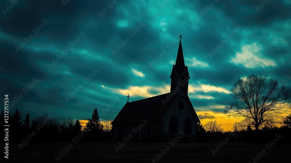 Obraz premium Twilight Scene of a Classic Church Silhouetted Against a Dramatic Cloudy Sky at Dusk