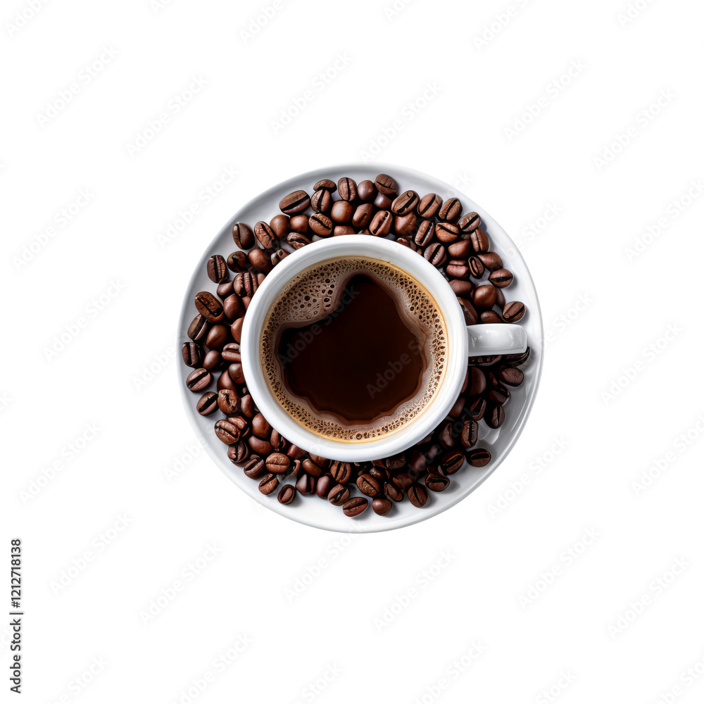 Fototapeta premium Aromatic Morning: A top-down perspective of a pristine white coffee cup brimming with rich, dark coffee, nestled on a matching saucer encircled by a generous scattering of roasted coffee beans.