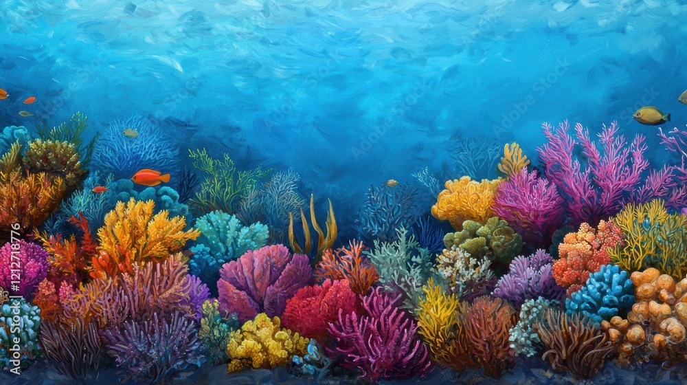 Naklejka premium Vibrant Underwater Coral Reef Scene with Colorful Fish