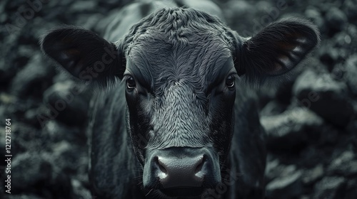 Close up of a black Angus beef cow against a dark rocky background showcasing farm life and high-quality textures in livestock photography