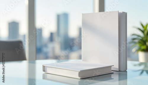 Wallpaper Mural Modern book mockup on glass table with city skyline, creative design Torontodigital.ca