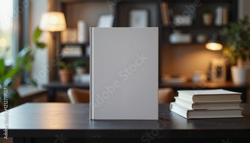 Minimalist book mockup on modern desk with warm lighting, creativity