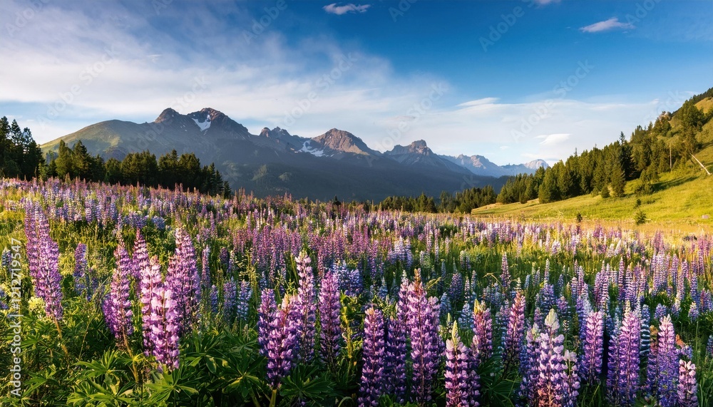Fototapeta premium Vivid purple wildflowers bloom abundantly in a serene valley, contrasting with towering mountains.