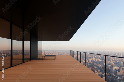A balcony overlooking a city with a bench and a railing