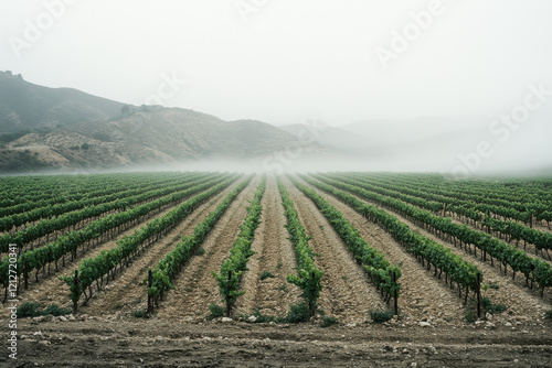 Misty vineyard landscape stretches across rolling hills at dawn, revealing rows of grapevines bathed in soft light photo