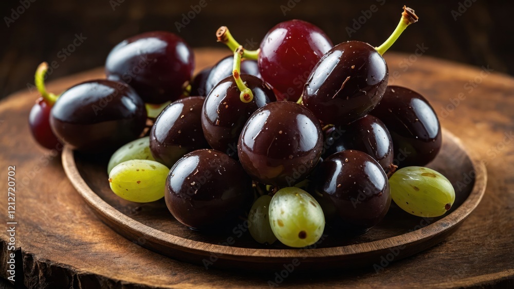 A wooden bowl filled with fresh, glossy grapes in various shades of purple and green. A wooden bowl filled with fresh, glossy grapes in various shades of purple and green.