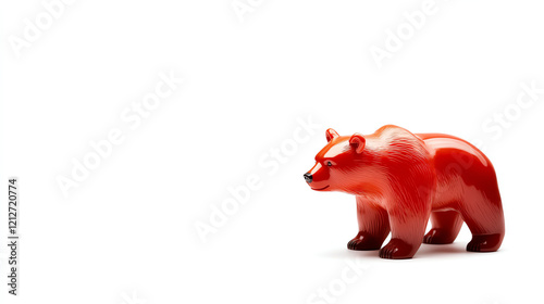 A vibrant red bear figurine positioned on a stark white background, symbolizing strength and nature in a playful, artistic style.