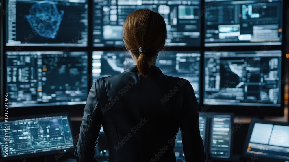 Fototapeta premium Woman working on advanced IT solutions, surrounded by digital screens and futuristic tech tools