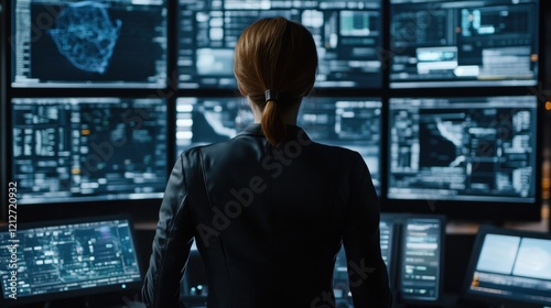 Woman working on advanced IT solutions, surrounded by digital screens and futuristic tech tools
