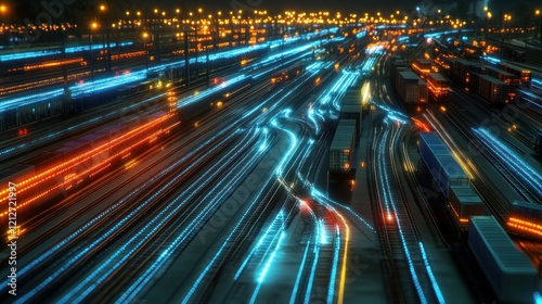 Illuminated Freight Trains at Night Railroad Yard photo