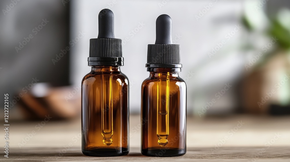 Amber Glass Bottles with Droppers for Essential Oils and Serums on Wooden Surface Amber Glass Bottles with Droppers for Essential Oils and Serums on Wooden Surface