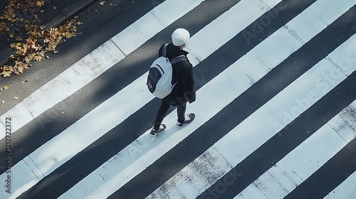 Pedestrian crossing with white stripes on black asphalt, zebra crossing road markings, designated area for crossing, traffic regulations photo