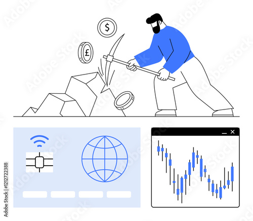 Person mining cryptocurrency using pickaxe, surrounded by coins includes a payment card with a chip and global icon next to a graph chart. Ideal for finance, technology, investment, digital