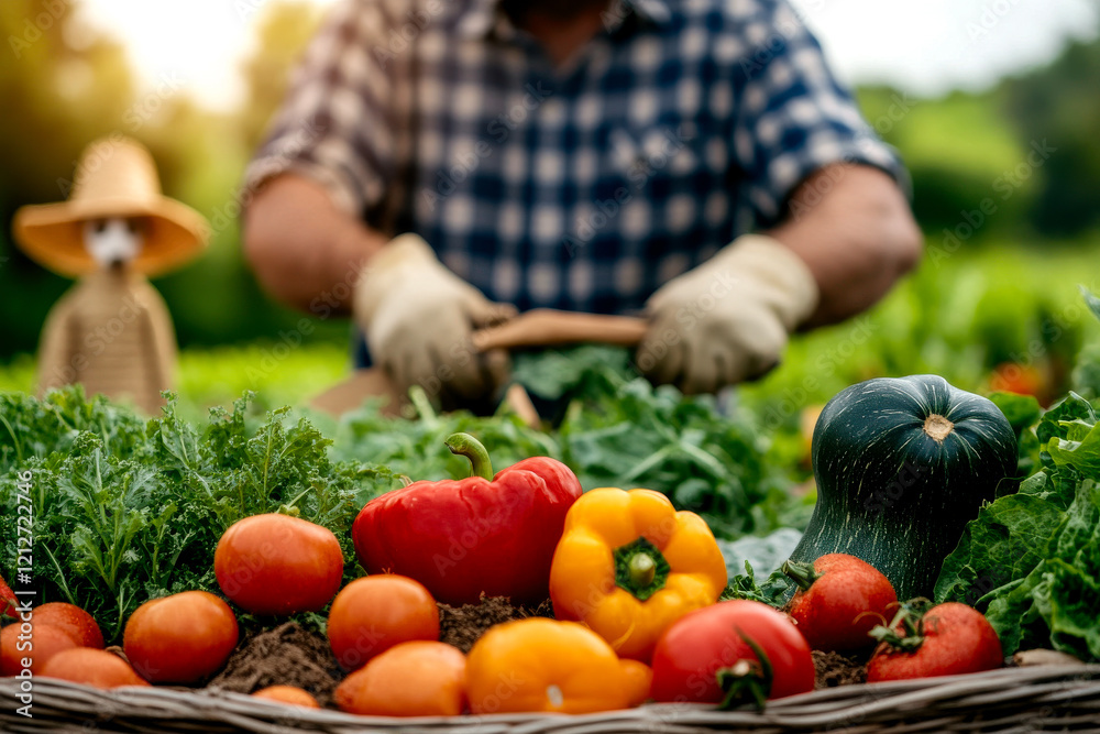 A farmer prepares fresh vegetables in a basket, surrounded by lush greenery and a scarecrow in the background. A farmer prepares fresh vegetables in a basket, surrounded by lush greenery and a scarecrow in the background.