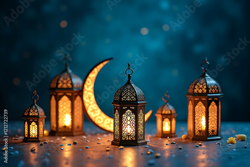 Beautiful Ramadan background with golden crescent moon and ornate Islamic lanterns on blue gradient