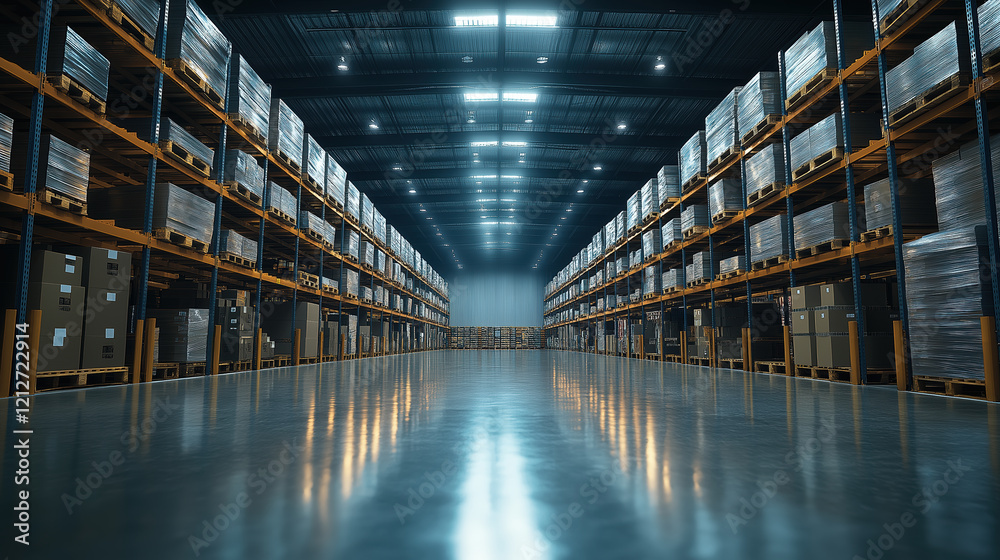 Fototapeta premium Modern warehouse interior with tall shelves and stacked boxes