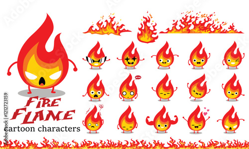 Red yellow fire flame cartoon characters vectors set.