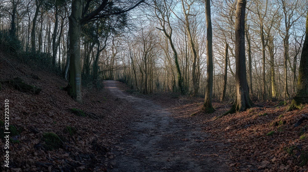 A winding path through a leaf strewn winter woodland A winding path through a leaf strewn winter woodland
