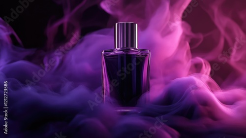 Elegant Black Musk Fragrance Bottle Surrounded by Swirling Purple and Pink Smoke on a Dark Background, Capturing a Mysterious Atmosphere