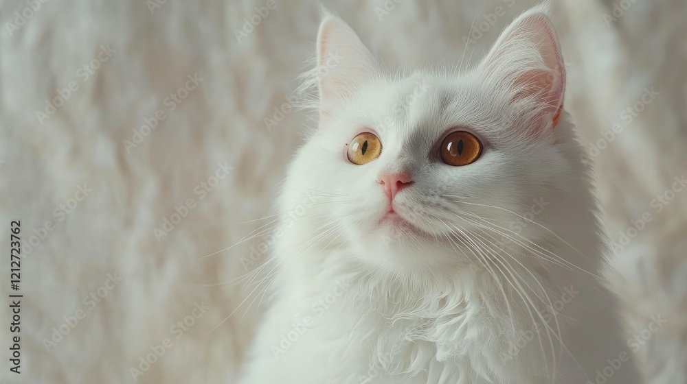 Portrait of a charming white cat with amber eyes gazing thoughtfully against a soft textured background showcasing its captivating expression Portrait of a charming white cat with amber eyes gazing thoughtfully against a soft textured background showcasing its captivating expression