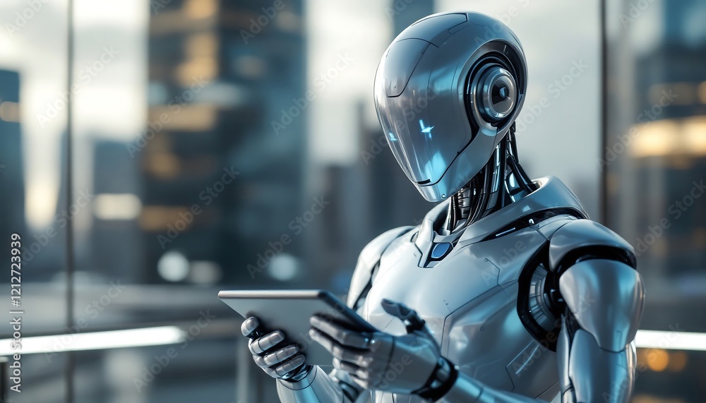 Futuristic Robot Using Tablet Computer in Modern Cityscape - AI Technology Concept