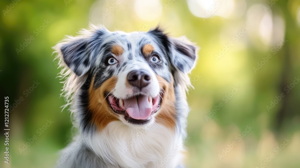 Close up of a cheerful blue merle Australian Shepherd dog enjoying a warm summer day in a natural outdoor setting Close up of a cheerful blue merle Australian Shepherd dog enjoying a warm summer day in a natural outdoor setting
