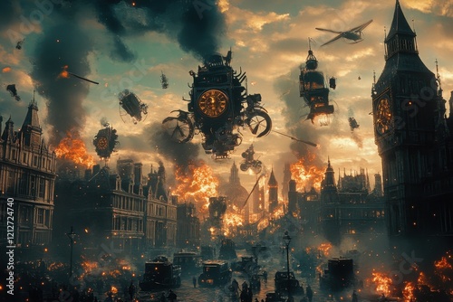 Clockwork Airships Attack Burning London Cityscape photo