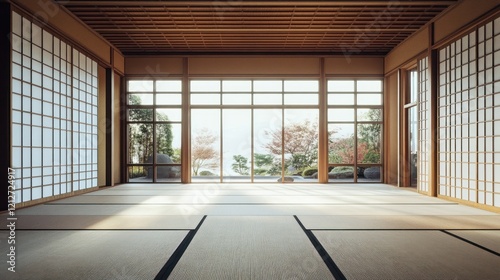 Serene Japanese Room With Garden View And Shoji Screens