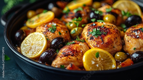 A classic Moroccan chicken tagine prepared with olives and preserved lemons, captured in selective focus photo