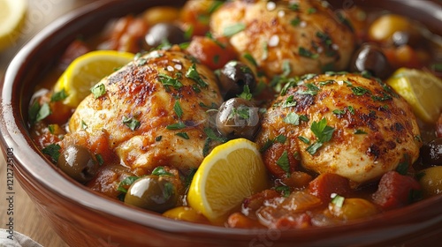 A classic Moroccan chicken tagine prepared with olives and preserved lemons, captured in selective focus photo