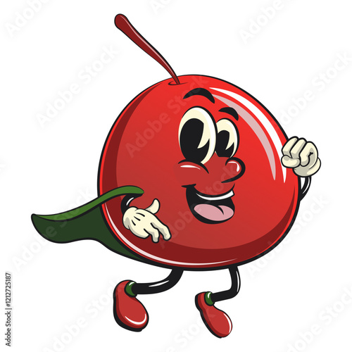 Cute red cherry fruit vektor illustration mascot character as flying superhero wearing a robe, work of hand drawn