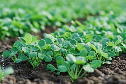 Vibrant green seedlings thrive in fertile soil under warm sunlight in a peaceful agricultural field