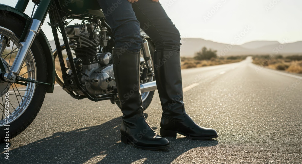 Fototapeta premium Motorcyclist in black boots on open desert highway at sunset