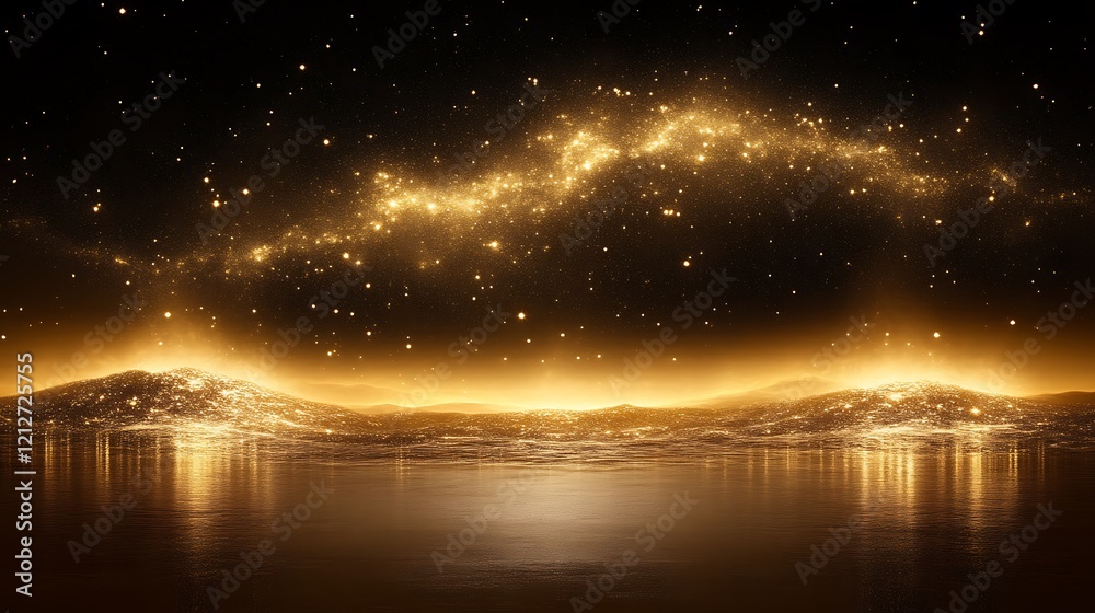 Golden Celestial Landscape Reflecting In Calm Waters Golden Celestial Landscape Reflecting In Calm Waters