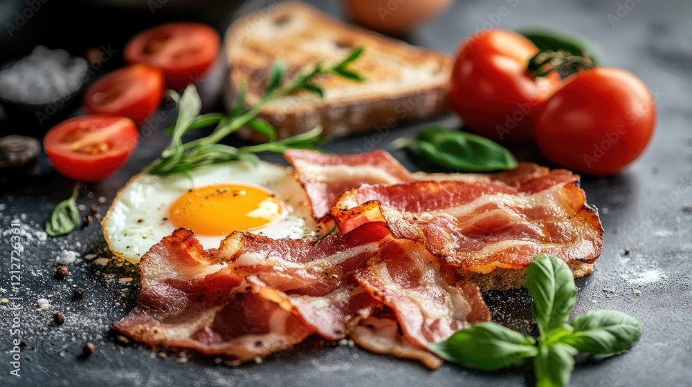 Homemade breakfast spread with crispy bacon fried eggs toast and fresh tomatoes on a dark surface inviting a delicious morning experience Homemade breakfast spread with crispy bacon fried eggs toast and fresh tomatoes on a dark surface inviting a delicious morning experience